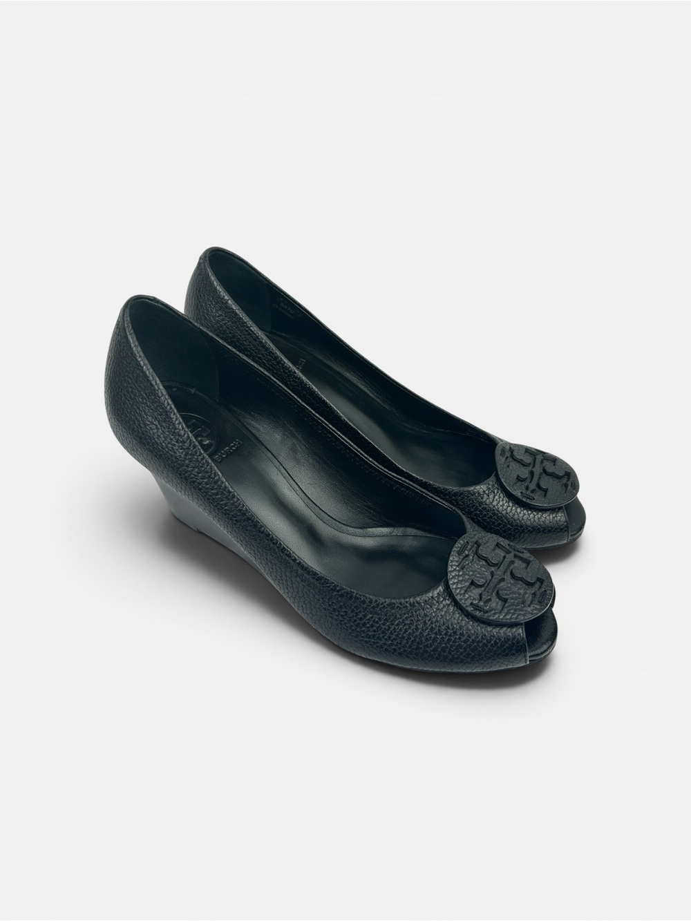 Tory Burch Black Pebbled Leather Peep-Toe Wedge Shoes